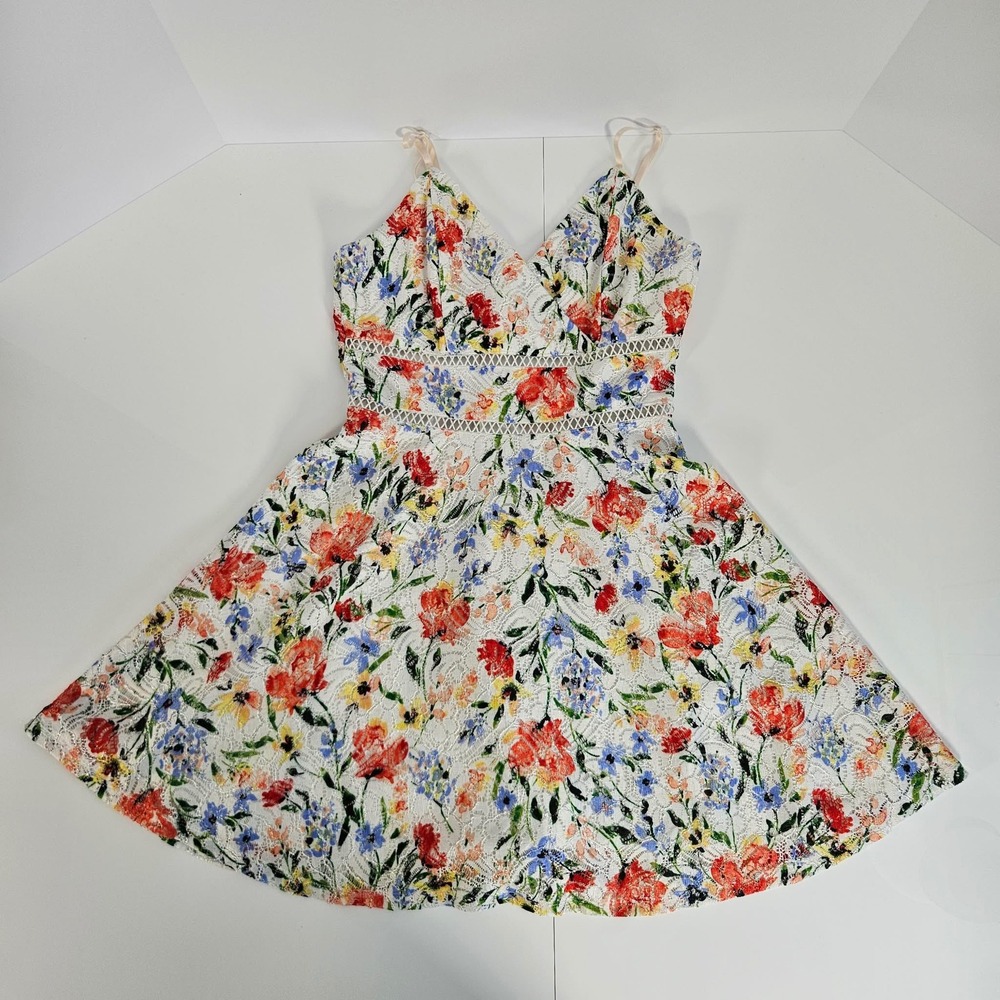 Blue Rain Floral Lace Mini Dress XS White Multicolor V-Neck Fit Flare Sleeveless